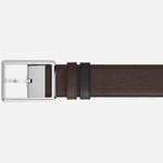 The ebony Sartorial leather side of the Montblanc 35 mm Rectangular Pin Buckle Reversible Black and Ebony Sartorial Leather Belt.