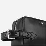 The adjustable strap on the Meisterstück Smooth Black Leather Wash Bag with Strap and Nib-Shaped Detailing.