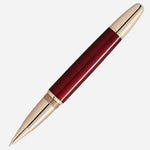The Burgundy Red Meisterstück Solitaire Golden Hour LeGrand Rollerball Pen with cap off.