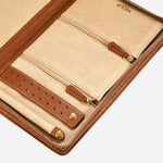 Close up inside the Cassandra Cognac Saffiano Leather Jewellery Portfolio.