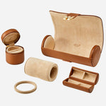 The pieces of the Cassandra Cognac Saffiano Leather Watch and Jewellery Roll.
