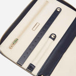 Close up inside the Maria Smooth Navy Leather Jewellery Portfolio.