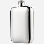 The flask from the Philipp Silver-Plated Stainless Steel Hip Flask with Black Faux Leather Sleeve.