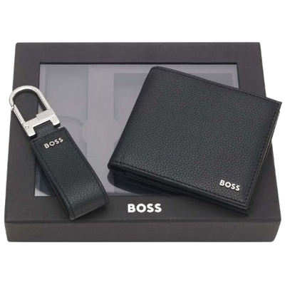 The GBBM Black Grained Leather 4CC Wallet and Keyring Set by BOSS.