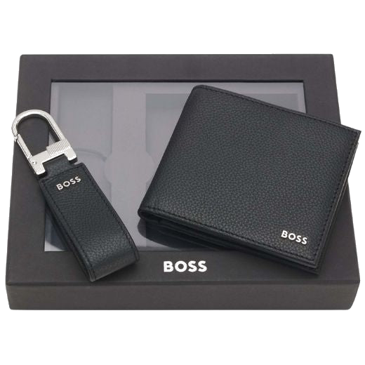 The GBBM Black Grained Leather 4CC Wallet and Keyring Set by BOSS.