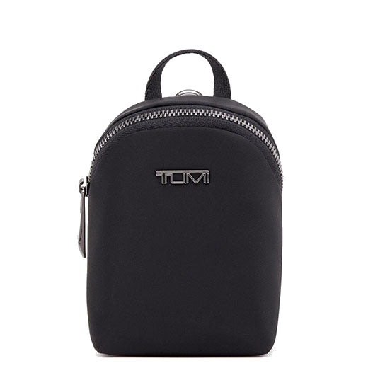 TUMI;s Voyageur Black/Gunmetal Charm Pouch features a carabiner clasp on the back.