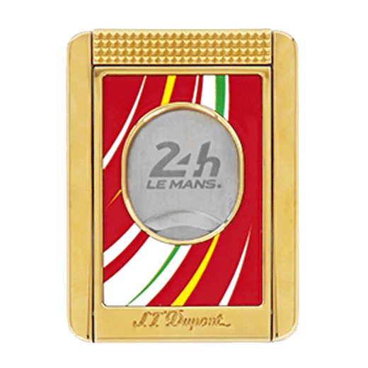 This 24H du Mans Red & Gold Cigar Cutter Stand by S. T. Dupont has a striped design made out of lacquer.