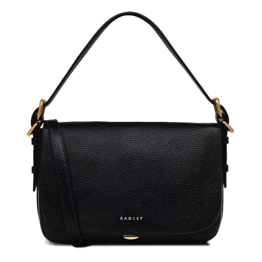 This Radley Graffton Street Black Small Flapover Cross Body Bag has a top handle along with a detachable strap.
