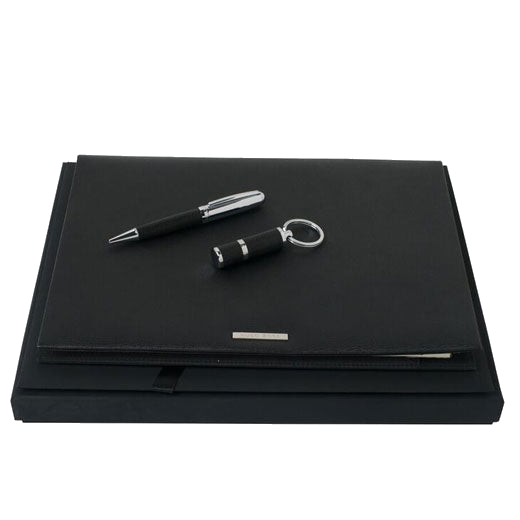 Full view of the Hugo Boss Advance gift set showing the ballpoint pen, folder and usb keyring presented on black gift set.
