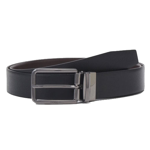 This BOSS Ocalis Gunmetal Pin Buckle Reversible Leather Belt has a plain brown leather side and a textured black leather.