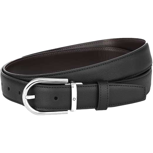 This Montblanc Business Line Horseshoe Polished Palladium Pin Buckle Reversible Black/Brown Belt features a black grainy side.