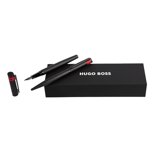 This Loop Diamond Ballpoint & Fountain Pen Set Black by Hugo Boss will come in a presentation box and both pens can be clip engraved at the time of purchase.