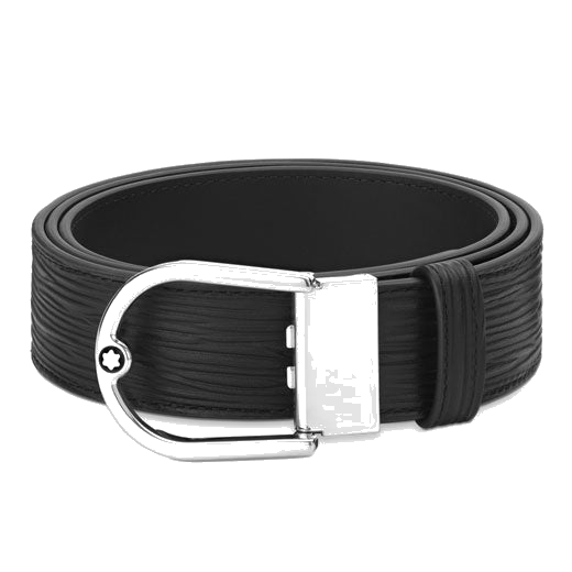Montblanc's Horseshoe Palladium Buckle Reversible Black Leather Belt has a textured leather side and a plain black leather on the reverse.