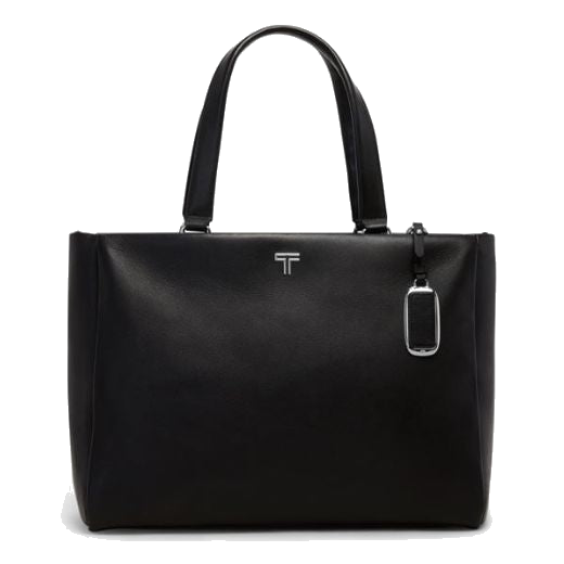 TUMI's Voyageur Vail Black & Gunmetal Medium Tote Bag is made out of plain black leather with a sleek finish and gunmetal trims.