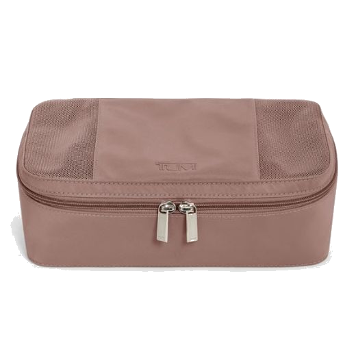 This Small Packing Cube in Light Mauve by TUMI is made out of nylon and polyester with polished silver trims.