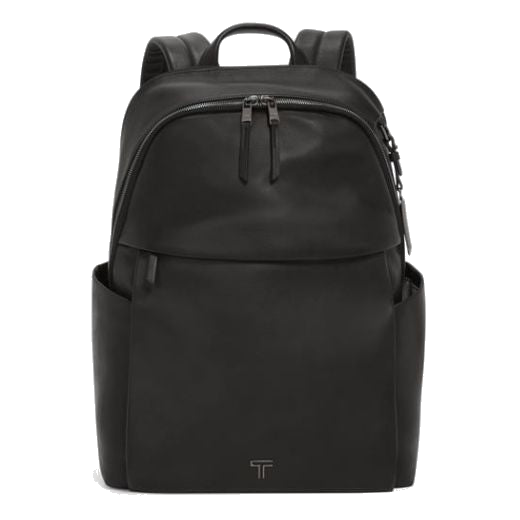 TUMI's Voyageur Black Leather Raina Backpack is made with black leather and gunmetal trims to add a sleek finish.