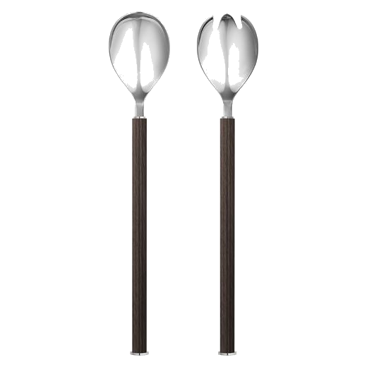 Georg Jensen's Bernadotte Smoked Oak & Stainless Steel Salad Servers have a ridged handle with soft lines going down.