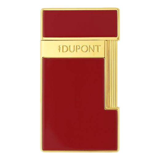 Dpont's Slimmy Lampone Lacquer & Gold Lighter has the brand name engraved across the front on the polished gold trims.