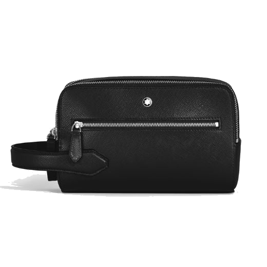 This Montblanc Sartorial Black Leather Wash Bag has a front zip pocket and a main compartment for storage.