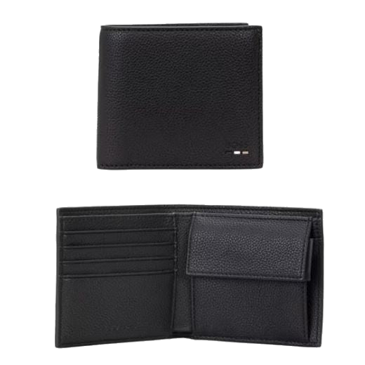 This Ray 4CC Faux Leather Coin Pouch Wallet by BOSS has four card slots and a coin pouch inside the bifold interior.