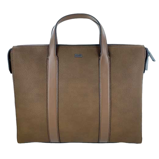 This Hugo Boss bag is made with a textured brown leather material.
