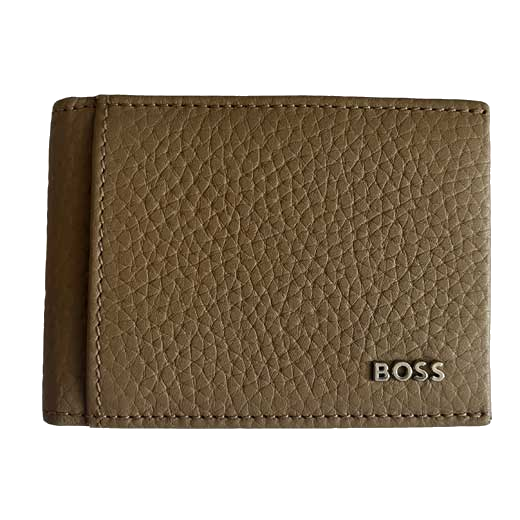 This light brown Hugo Boss wallet comes with the brand name attached to the leather on the front.