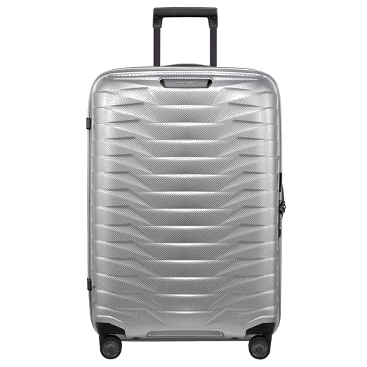 Samsonite's Proxis Silver Spinner Suitcase, 69 cm is made out of polypropylene and has a hard shell case.