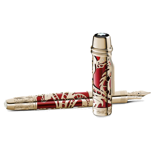 This Montblanc Patron of Art Luciano Pavarotti Limited Edition 98 Fountain Pen has a red barrel in precious lacquer with an intricate gold design.