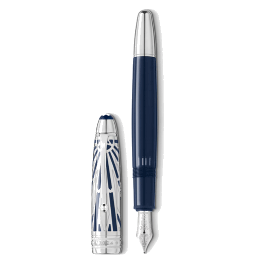 Montblanc's Meisterstück The Origin Collection Doué LeGrand Fountain Pen comes in a design of blue and silver, with the Montblanc engraving all over.