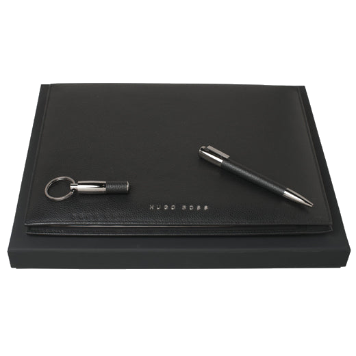 Hugo Boss A4 Black Leather Folder, Ballpoint and Keyring Set by Hugo Boss.