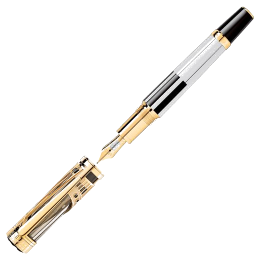 This Montblanc Patron of Art Henry E. Steinway Limited Edition 888 Fountain Pen has a solid 18K gold nib with special engraving and a gold-plated cap.