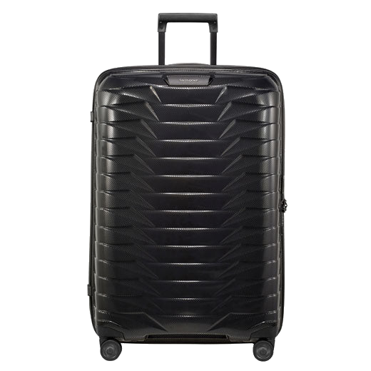 Proxis Black Spinner Suitcase, 75 cm by Samsonite with quiet, smooth gliding spinner wheels that all have the Samsonite logo.