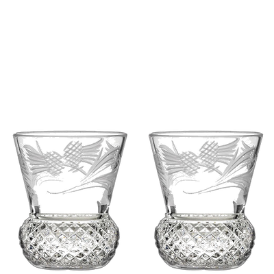These Flower of Scotland 2 x 6cl Thistle Shape Tot Glasses have been designed by Royal Scot Crystal.