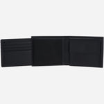 Fully opened BOSS 8CC Black Leather Trifold Wallet and Black Leather Key Fob Gift Set.