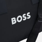 The BOSS logo on the front of the Catch 3.0 Black Polyester Holdall with Signature Stripe Handles.