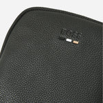 Close up of the BOSS Ray Black Faux Leather Neck Clutch Bag N with Logo and Signature Three Stripes.
