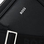 Close up of the BOSS logo on the BOSS Zair Black Leather Document Case with Foil-Print Logo.