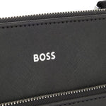 The BOSS logo on the front of the Zair Black Leather Envelope Bag with Zip Closure.