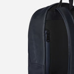 Padded back system and side pocket on the Navy Blue Recycled Polyester Backpack with Artist Stripe Trim.