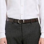 The ebony leather side of the Montblanc 30 mm Horseshoe Pin Buckle Reversible Black and Ebony Meisterstück Leather Belt.