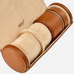 Close up inside the Cassandra Cognac Saffiano Leather Watch and Jewellery Roll.