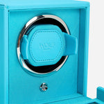 Close up of the Cub Tutti Frutti Turquoise Faux Leather Single Watch Winder with Cover.
