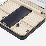 Close up inside the Maria Smooth Navy Leather Large Zip Jewellery Case.