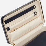 Close up inside the Maria Smooth Navy Leather Medium Zip Jewellery Case.