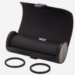 The Roadster Black and Ebony Macassar Triple Watch Roll with watch guards removed.