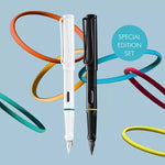 The Safari Glossy Black and White Fountain Pens Set with Decorative Rings by LAMY.