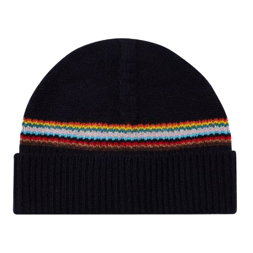 This Paul smith Navy 'Signature Stripe' Block Lambswool Beanie Hat is made in the UK and has a ribbed knit design.