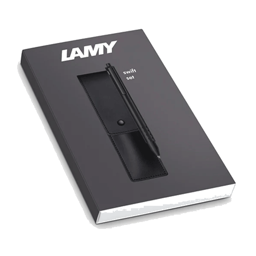 This LAMY Swift Matte Black Rollerball Set comes with a leather case in black.