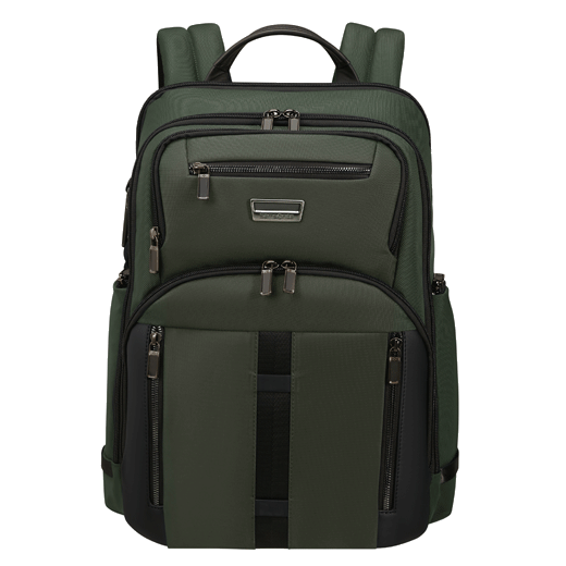Samsonite's Urban-Eye Backpack 15.6" in Green has 4 exterior zip pockets on the front with two water bottle compartments.