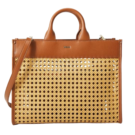 This BOSS Sandy Brown Faux Leather Woven Tote Bag is made out of faux leather and a woven panel on either side.